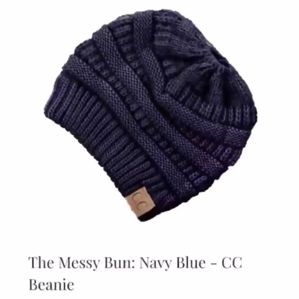 C.C messy bun beanie tail in navy blue - winter and fall ponytail knit hats